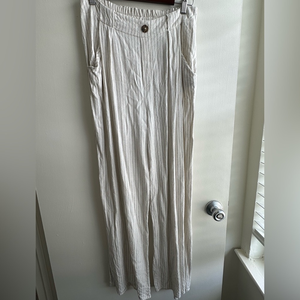 Cream Striped Wide-Leg Pants